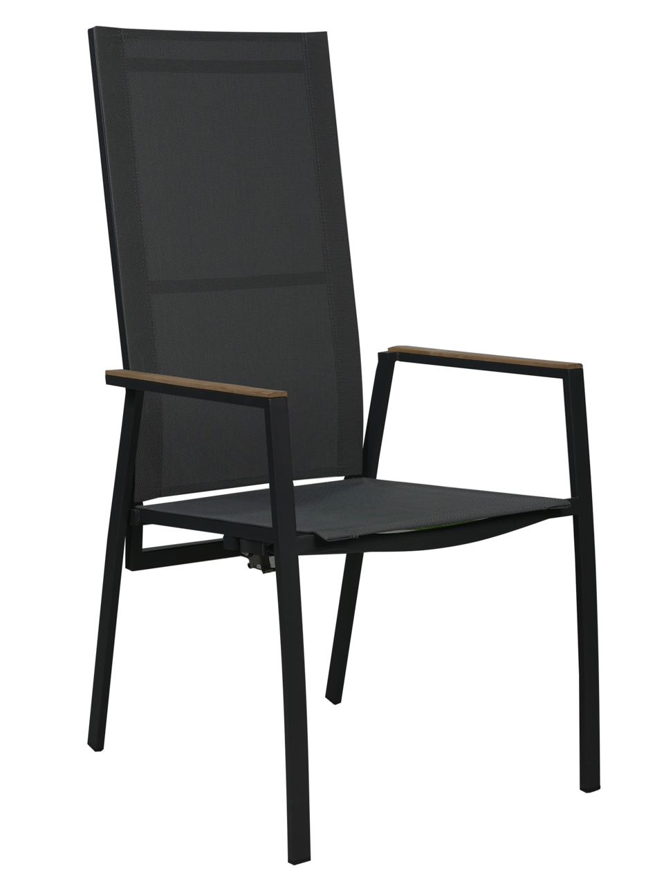 Moderner schwarzer Stapelstuhl mit Armlehnen, seitliche Perspektive