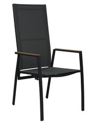 Moderner schwarzer Stapelstuhl mit Armlehnen, seitliche Perspektive