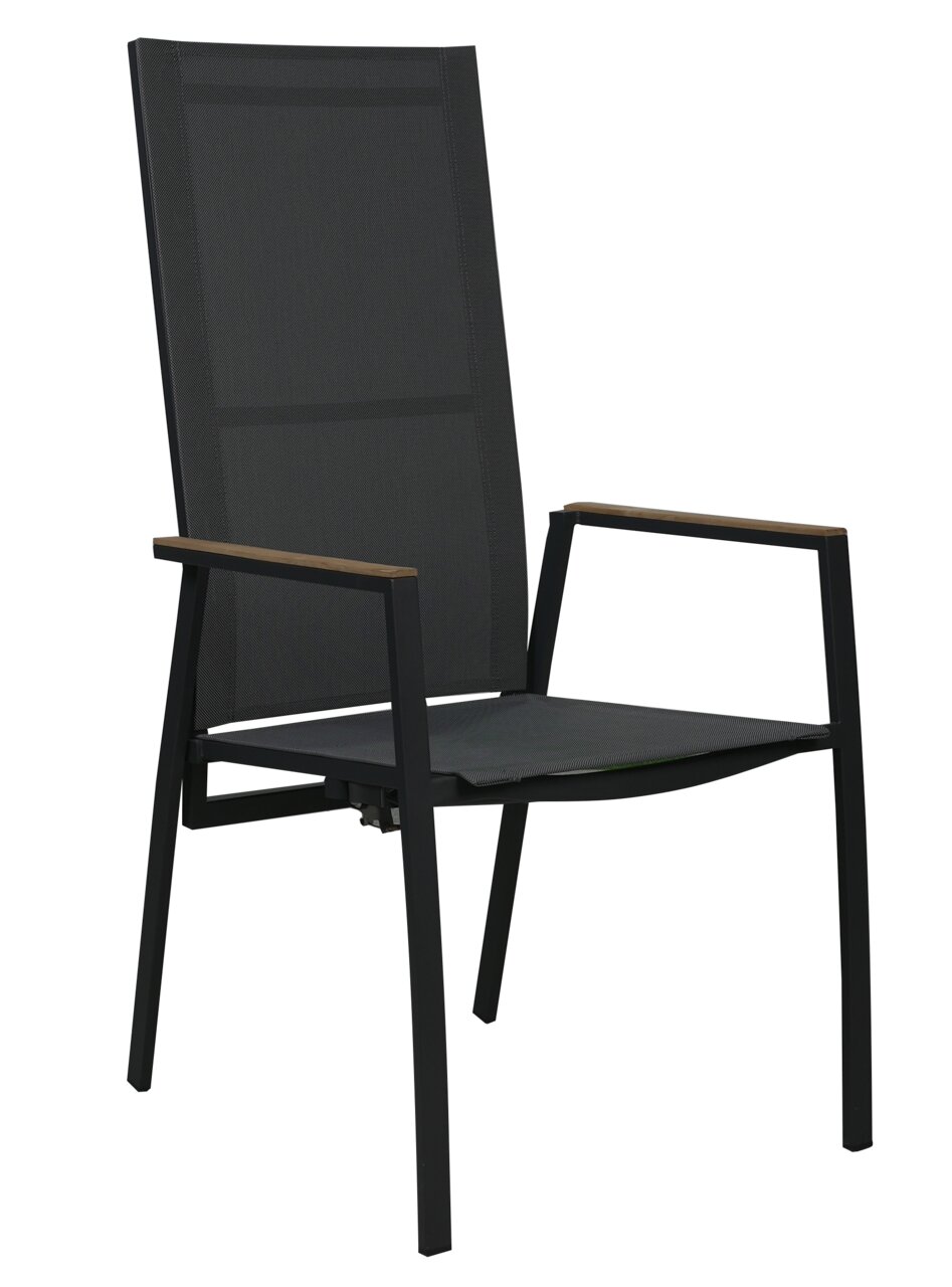 Amatio Gartensessel CHUR Moderner schwarzer Stapelstuhl mit Armlehnen, seitliche Perspektive