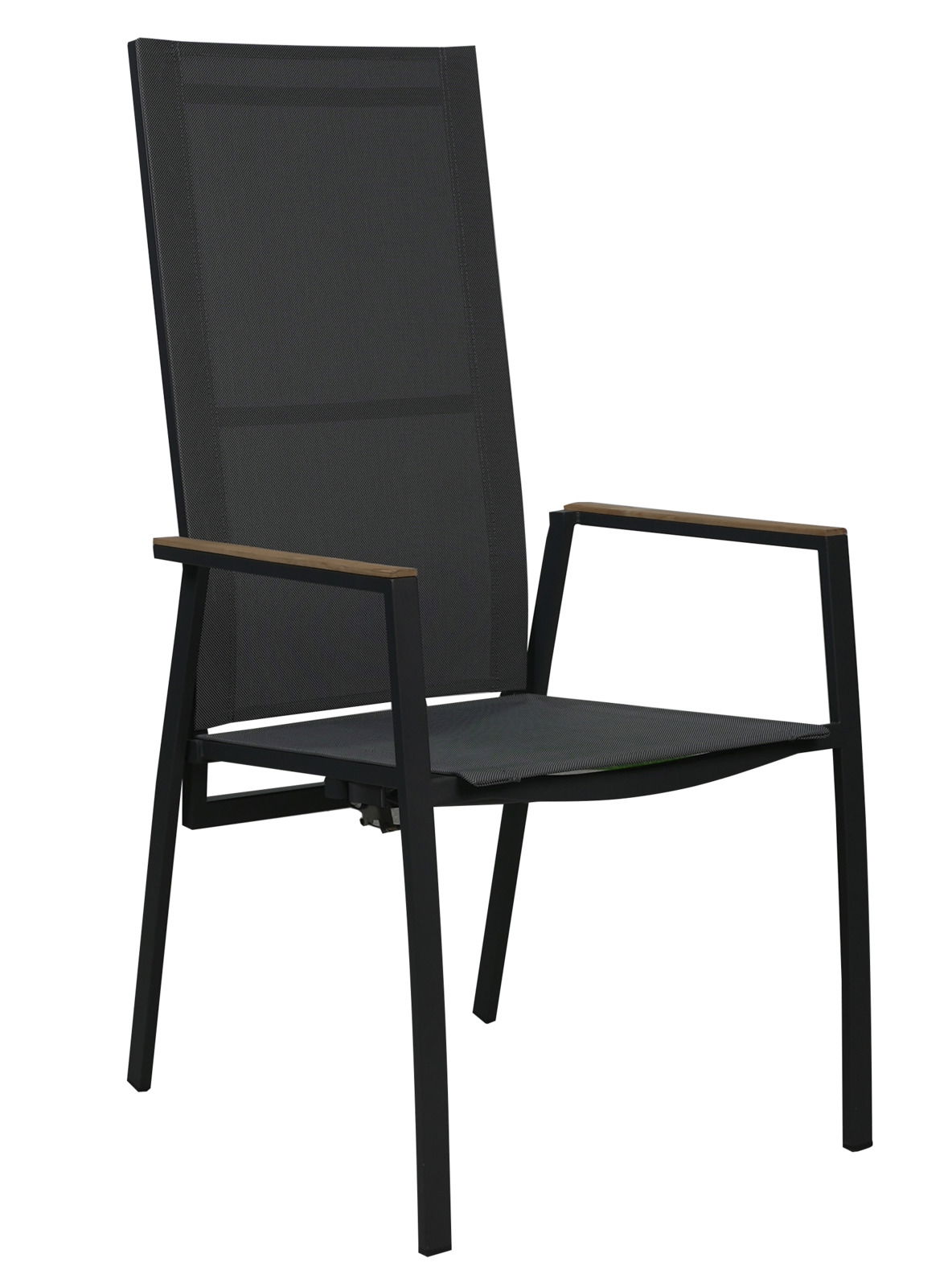 Moderner schwarzer Stapelstuhl mit Armlehnen, seitliche Perspektive