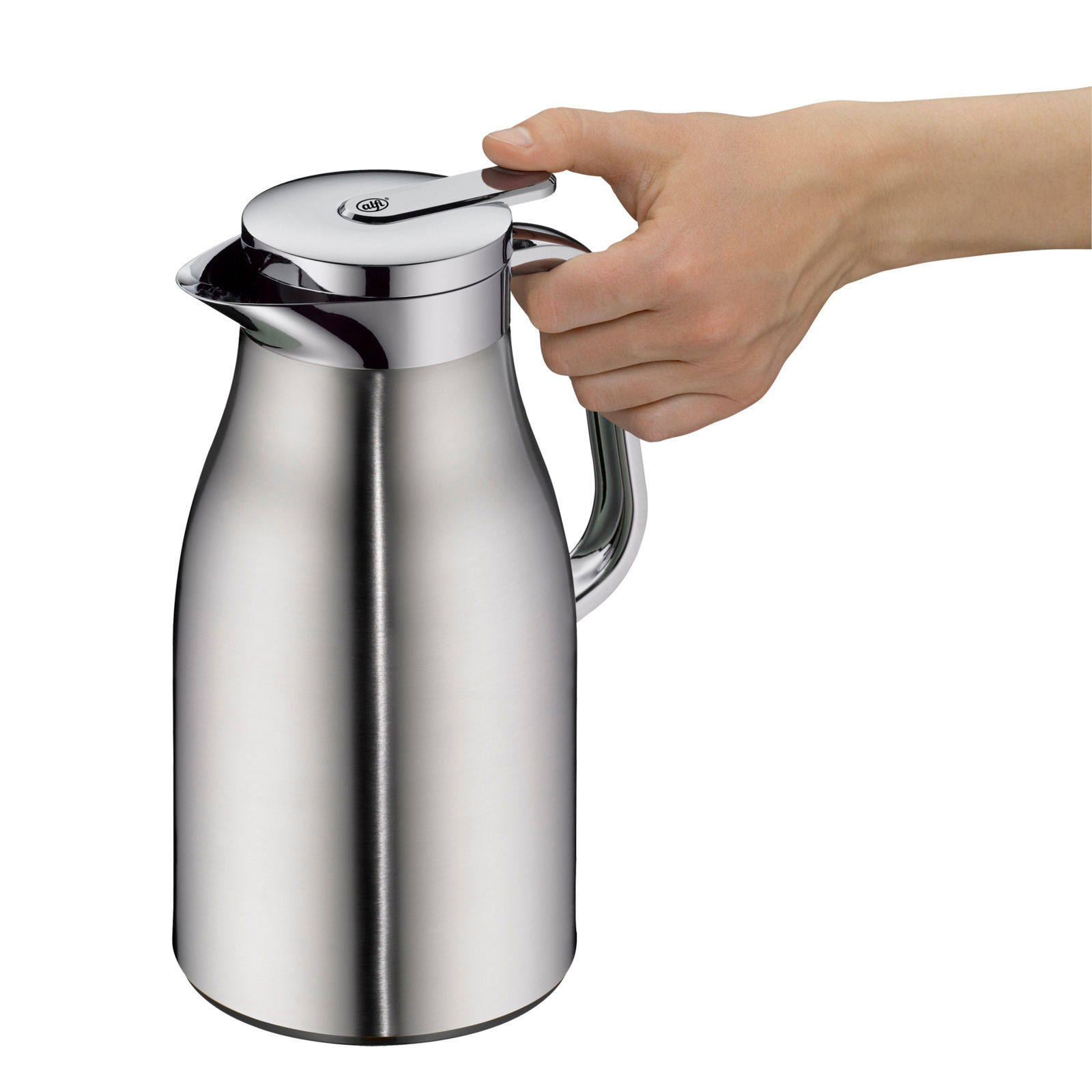 Edelstahl-Isolierkanne mit mattem Finish, 1,0 Liter, seitliche Ansicht mit Hand am Griff