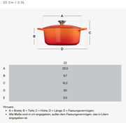 Runder Bräter Signature 22 cm in Orange, Seitenansicht mit Deckel und Griffen, Fassungsvermögen 3,3 Liter