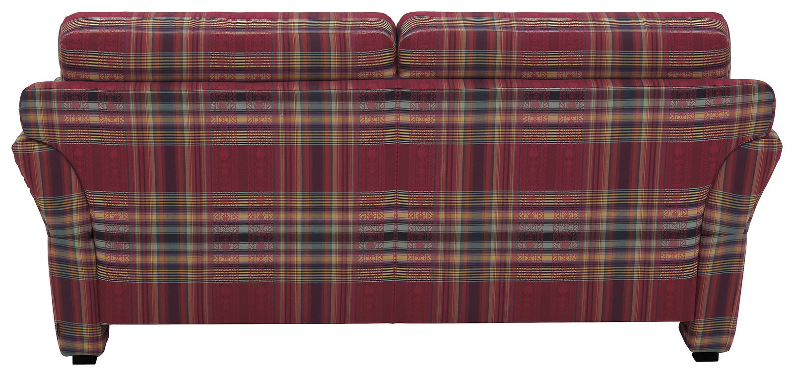Rückansicht eines dreisitzigen Sofas mit kariertem Stoffmuster in Rot- und Grüntönen.