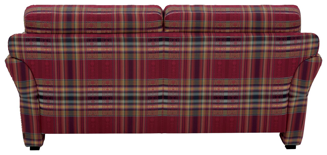 Rückansicht eines dreisitzigen Sofas mit kariertem Stoffmuster in Rot- und Grüntönen.