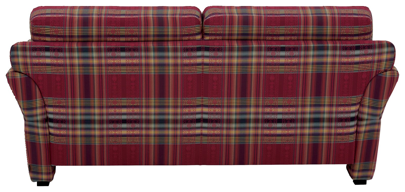 Rückansicht eines dreisitzigen Sofas mit kariertem Stoffmuster in Rot- und Grüntönen.