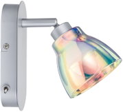 Wandleuchte mit schwenkbarem, regenbogenfarbenem Glasschirm, seitliche Perspektive