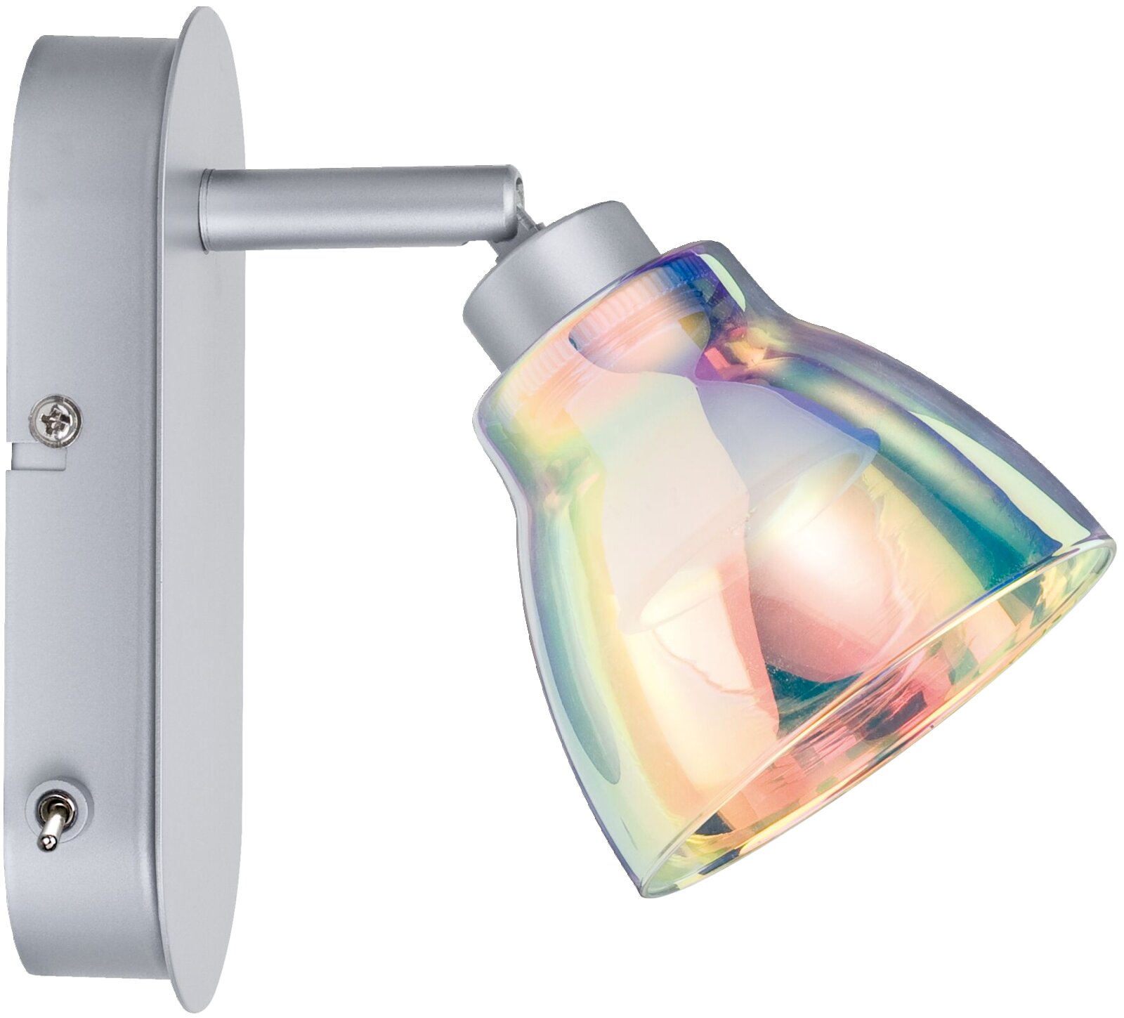 Wandlamp met draaibare, regenboogkleurige glazen kap, zijaanzicht