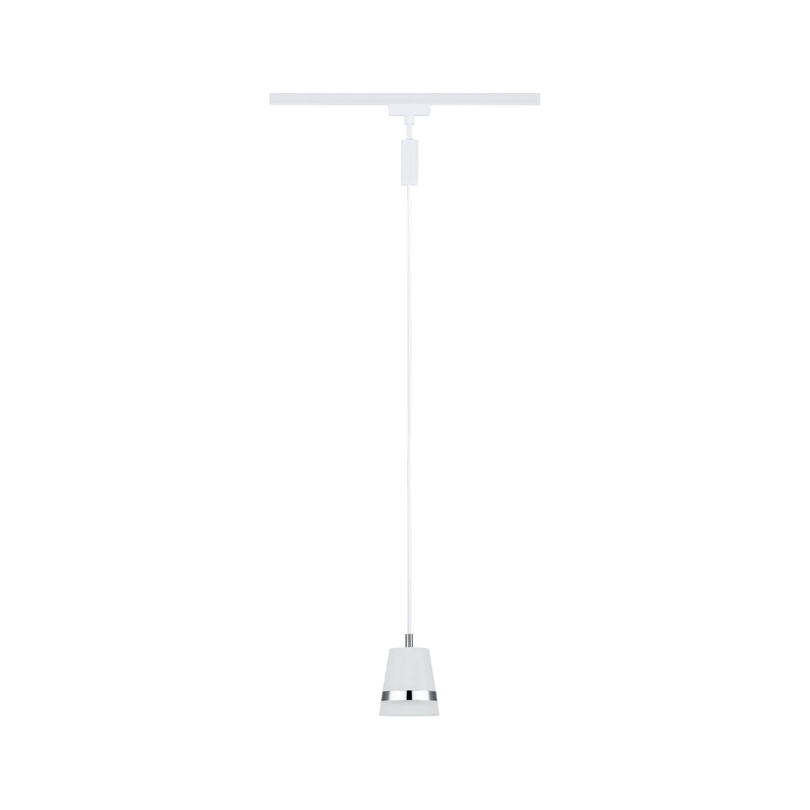 Cone-pendellamp met rail in de kleur wit, gezien vanaf de voorkant, met een strak, modern ontwerp en een zilveren accent.