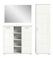 Weiße Garderobenkombination mit Spiegel, Schrank und Regal, Frontalansicht