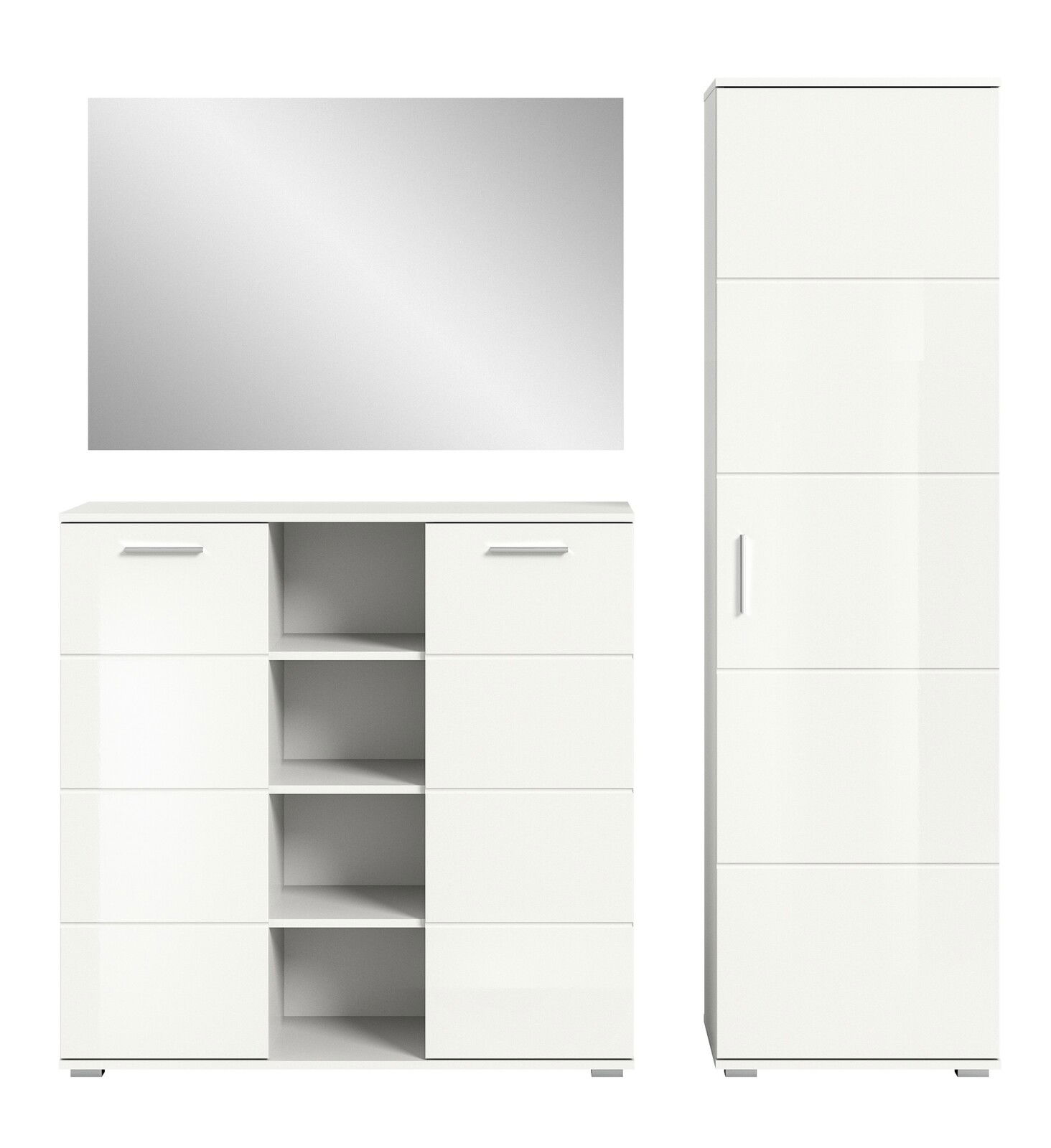 Weiße Garderobenkombination mit Spiegel, Schrank und Regal, Frontalansicht