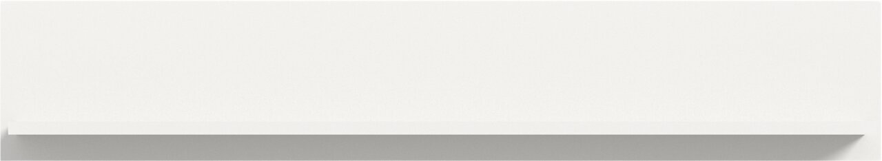Weiße, minimalistische Wandablage/Regalbrett mit schmaler Frontkante vor hellem Hintergrund, frontal in leichter Schrägansicht von oben.