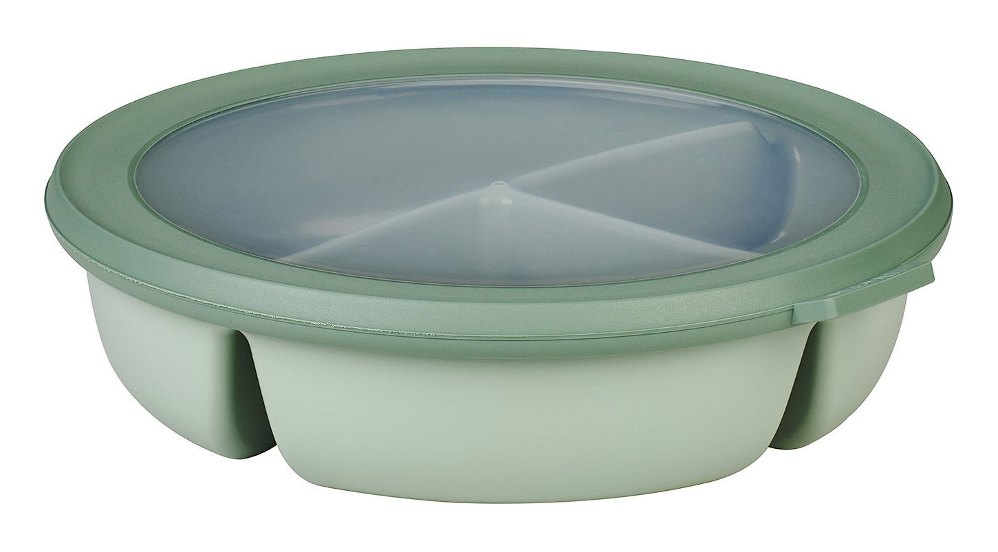 Runde grüne Bento-Schale mit transparentem Deckel, seitliche Perspektive