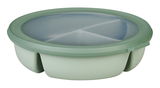 Runde grüne Bento-Schale mit transparentem Deckel, seitliche Perspektive