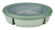 Runde grüne Bento-Schale mit transparentem Deckel, seitliche Perspektive