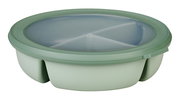 Runde grüne Bento-Schale mit transparentem Deckel, seitliche Perspektive