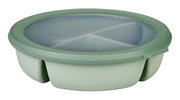 Runde grüne Bento-Schale mit transparentem Deckel, seitliche Perspektive
