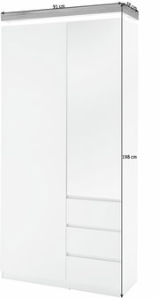 Weißer Garderobenschrank mit Schiebetüren und Schubladen, Frontansicht, Maße 91 cm Breite, 38 cm Tiefe, 198 cm Höhe