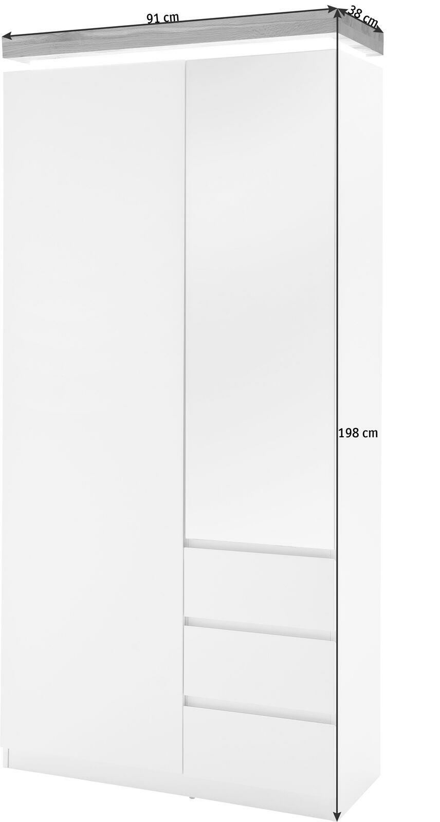 Weißer Garderobenschrank mit Schiebetüren und Schubladen, Frontansicht, Maße 91 cm Breite, 38 cm Tiefe, 198 cm Höhe