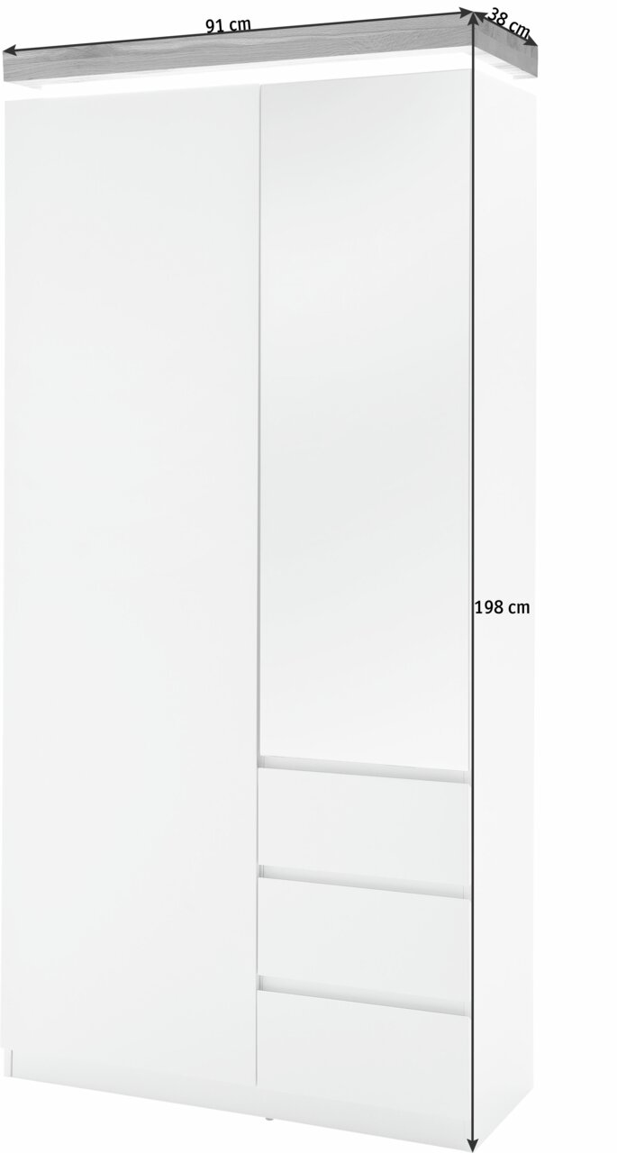 Witte garderobekast met schuifdeuren en lades, vooraanzicht, afmetingen: 91 cm breed, 38 cm diep, 198 cm hoog