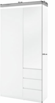 Witte garderobekast met schuifdeuren en lades, vooraanzicht, afmetingen: 91 cm breed, 38 cm diep, 198 cm hoog