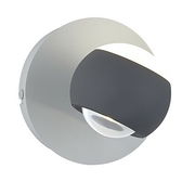 Moderne Wandleuchte in seitlicher Perspektive mit rundem, zweifarbigem Design in Grau und Weiß.