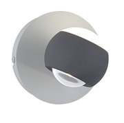 Moderne Wandleuchte in seitlicher Perspektive mit rundem, zweifarbigem Design in Grau und Weiß.
