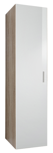 Mehrzweckschrank mit Holzoptik an der Seite und weißer Tür, Frontalansicht