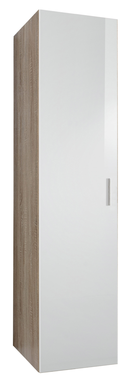 Mehrzweckschrank mit Holzoptik an der Seite und weißer Tür, Frontalansicht