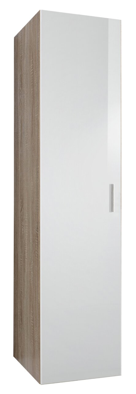 Mehrzweckschrank mit Holzoptik an der Seite und weißer Tür, Frontalansicht