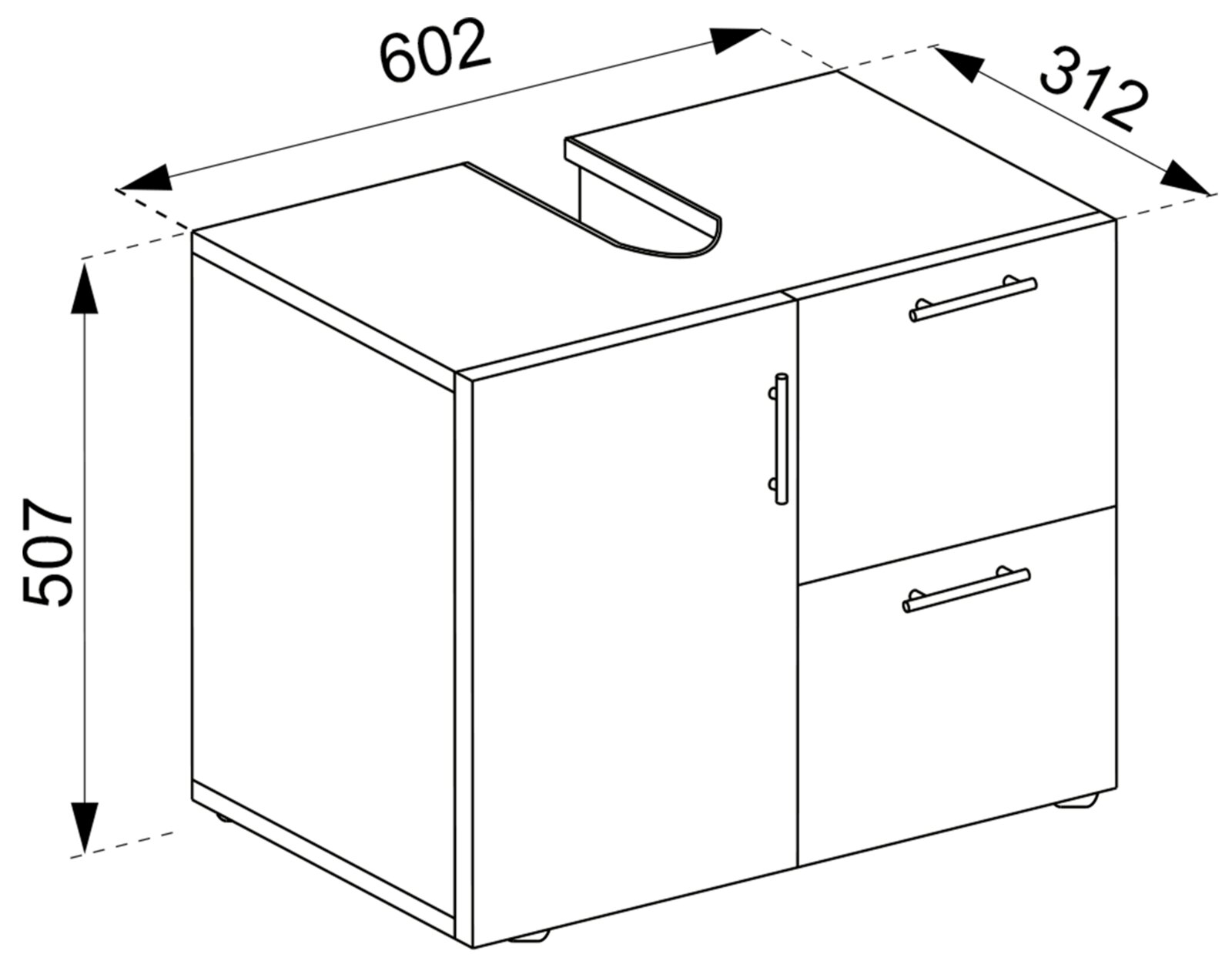 Technische Strichzeichnung eines Badezimmer-Waschtischunterschranks mit Ausschnitt für Siphon, einer Tür und zwei Schubladen, Maße ca. 602×312×507 mm, perspektivische Ansicht schräg von vorne oben.