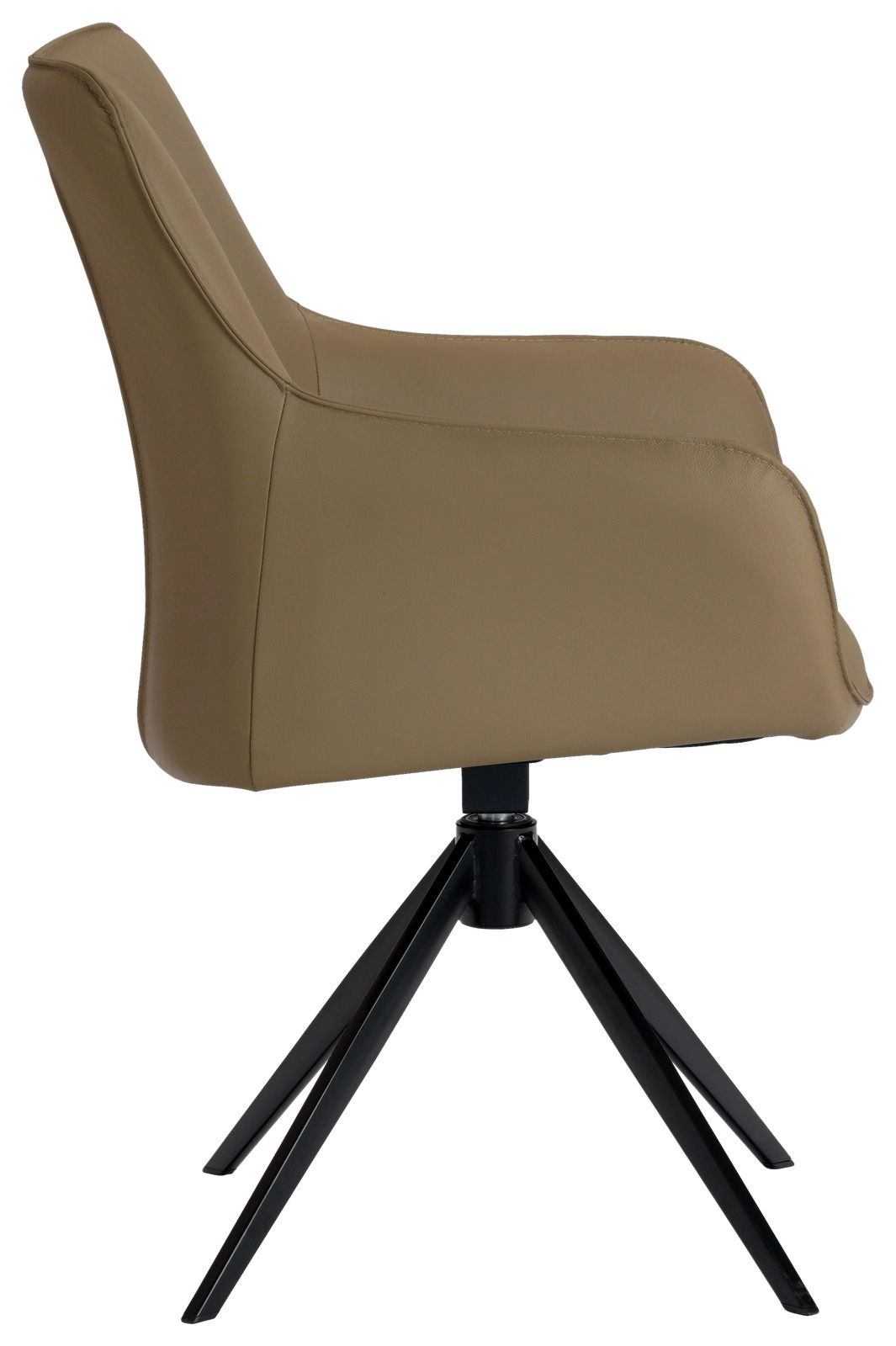 Novel Armlehnstuhl YUKI Seitenansicht eines modernen Armlehnstuhls mit beigem Polster und schwarzem Metallgestell.