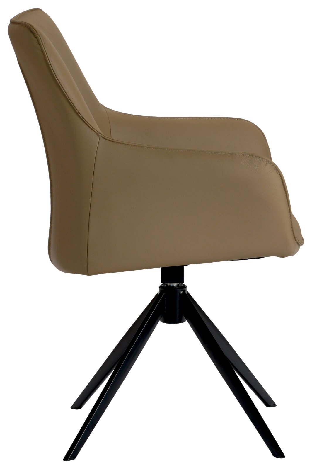 Seitenansicht eines modernen Armlehnstuhls mit beigem Polster und schwarzem Metallgestell.