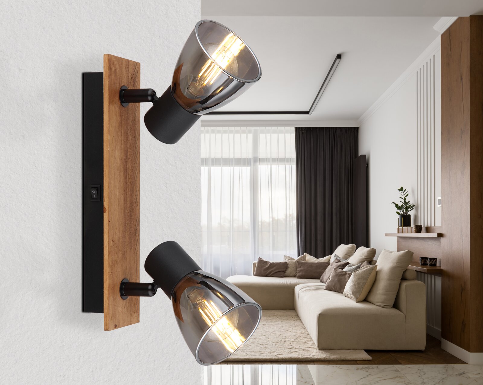 Globo Lighting Spot CLAUDE Moderner Strahler mit zwei verstellbaren Leuchten, montiert auf einer Holzplatte, seitliche Perspektive im Wohnzimmer.