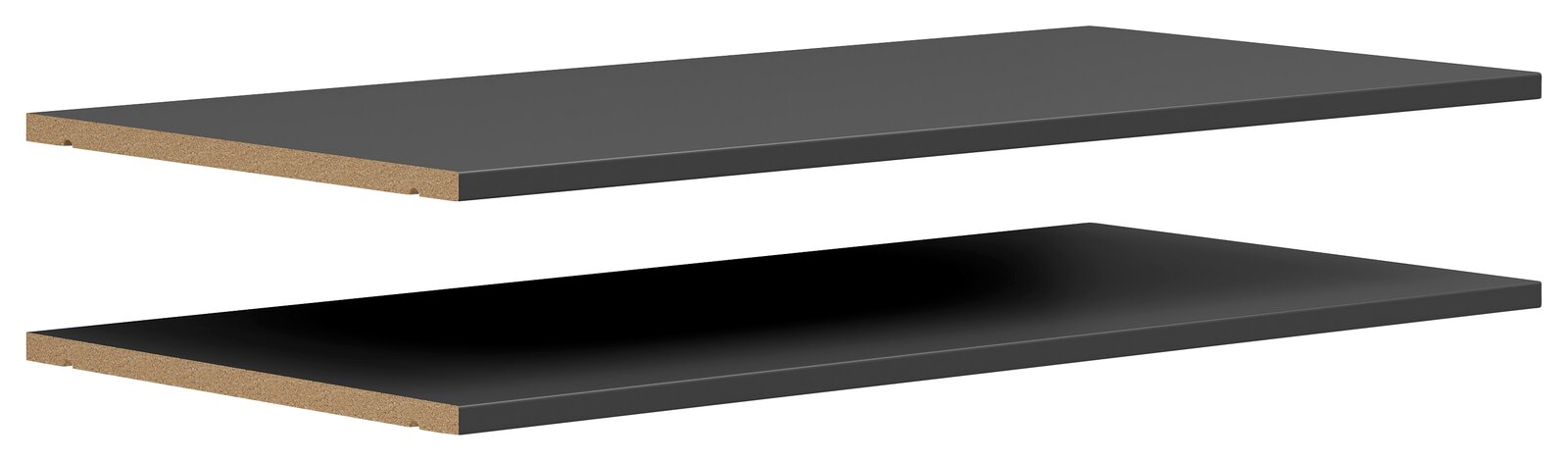 Zwei schwarze Einlegeböden aus Holzwerkstoff, seitliche Perspektive.