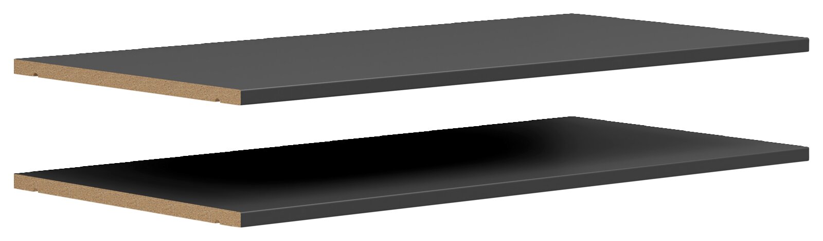Carryhome Einlegeboden 2er MULTISTAURAUM Zwei schwarze Einlegeböden aus Holzwerkstoff, seitliche Perspektive.
