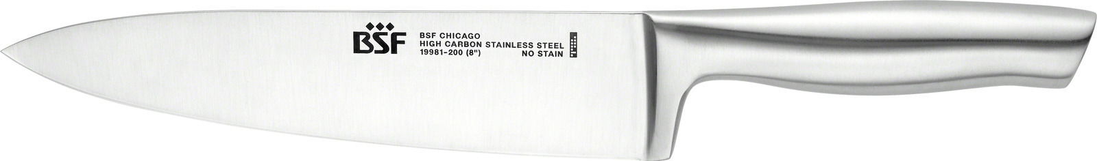 Kochmesser aus Edelstahl, seitliche Ansicht, mit BSF Chicago Gravur auf der Klinge.