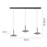 Dreifache Pendelleuchte PURE Vitrum mit verstellbarer Höhe von 80 bis 200 cm, Breite 100 cm, Seitenansicht.