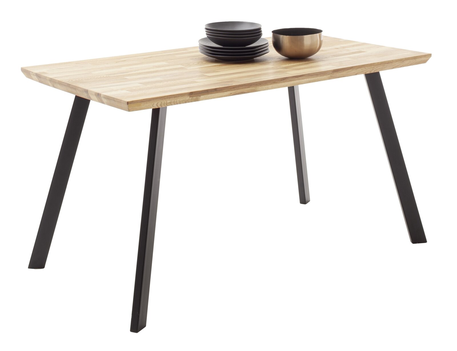 Moderner Esstisch mit Holzplatte und schwarzen Metallbeinen, seitliche Perspektive