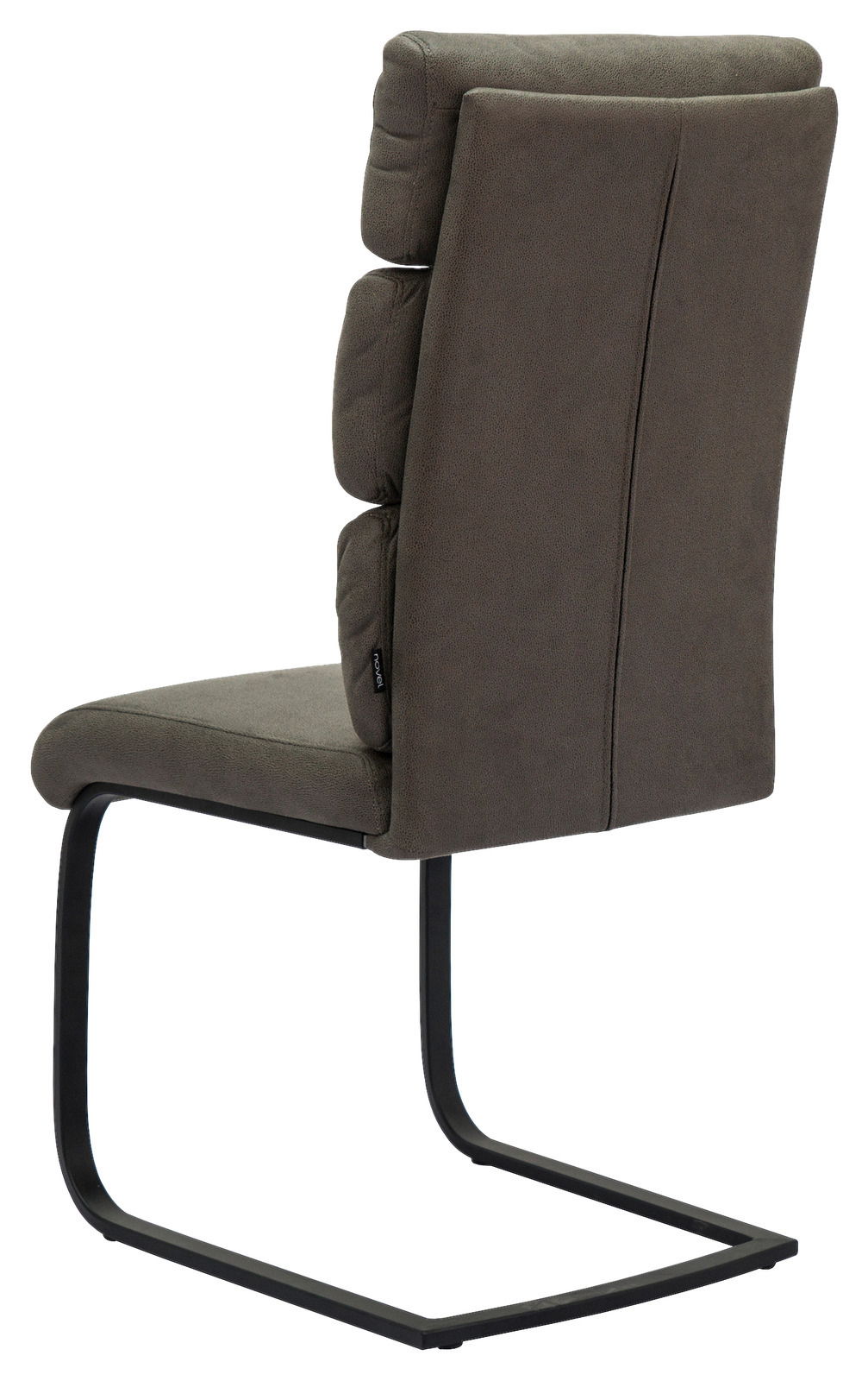 Rückansicht eines Freischwinger-Stuhls mit gepolsterter Rückenlehne und schwarzem Metallgestell.