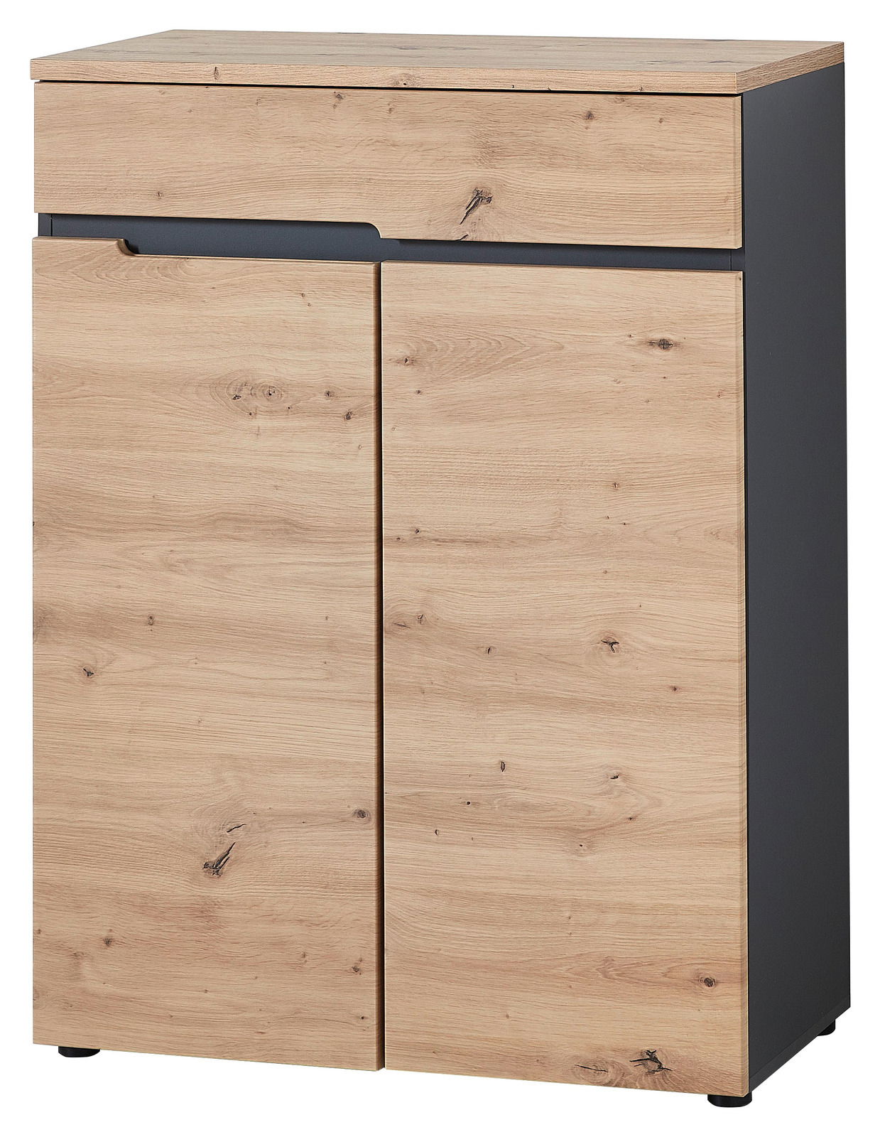 Voleo Schuhschrank DETROIT Moderner Schuhschrank aus Holz mit zwei Türen und einer Schublade, Frontansicht