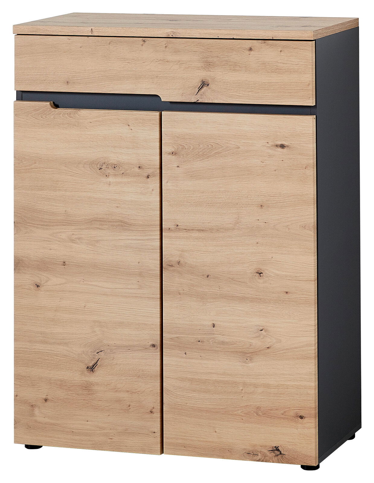 Voleo Schuhschrank DETROIT Moderner Schuhschrank aus Holz mit zwei Türen und einer Schublade, Frontansicht