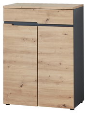 Moderner Schuhschrank aus Holz mit zwei Türen und einer Schublade, Frontansicht