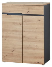 Moderner Schuhschrank aus Holz mit zwei Türen und einer Schublade, Frontansicht