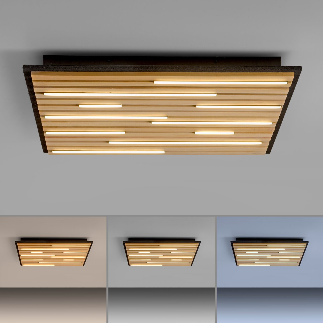 Moderne Wand- und Deckenleuchte Q-AKUS mit Holzlamellen und integrierter LED-Beleuchtung, Perspektive von unten.