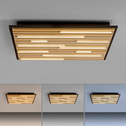 Moderne Wand- und Deckenleuchte Q-AKUS mit Holzlamellen und integrierter LED-Beleuchtung, Perspektive von unten.