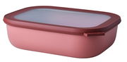 Rechteckige Multischüssel in Vivid Mauve mit transparentem Deckel, seitliche Perspektive