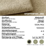 Nahaufnahme eines beigen Webstoff-Polsterbezugs (100% PES) mit strukturierter Oberfläche; Perspektive: Detailansicht von oben/leicht schräg.
