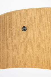 Nahaufnahme einer Holzoberfläche mit sichtbarer Schraube, perspektivisch von vorne aufgenommen.