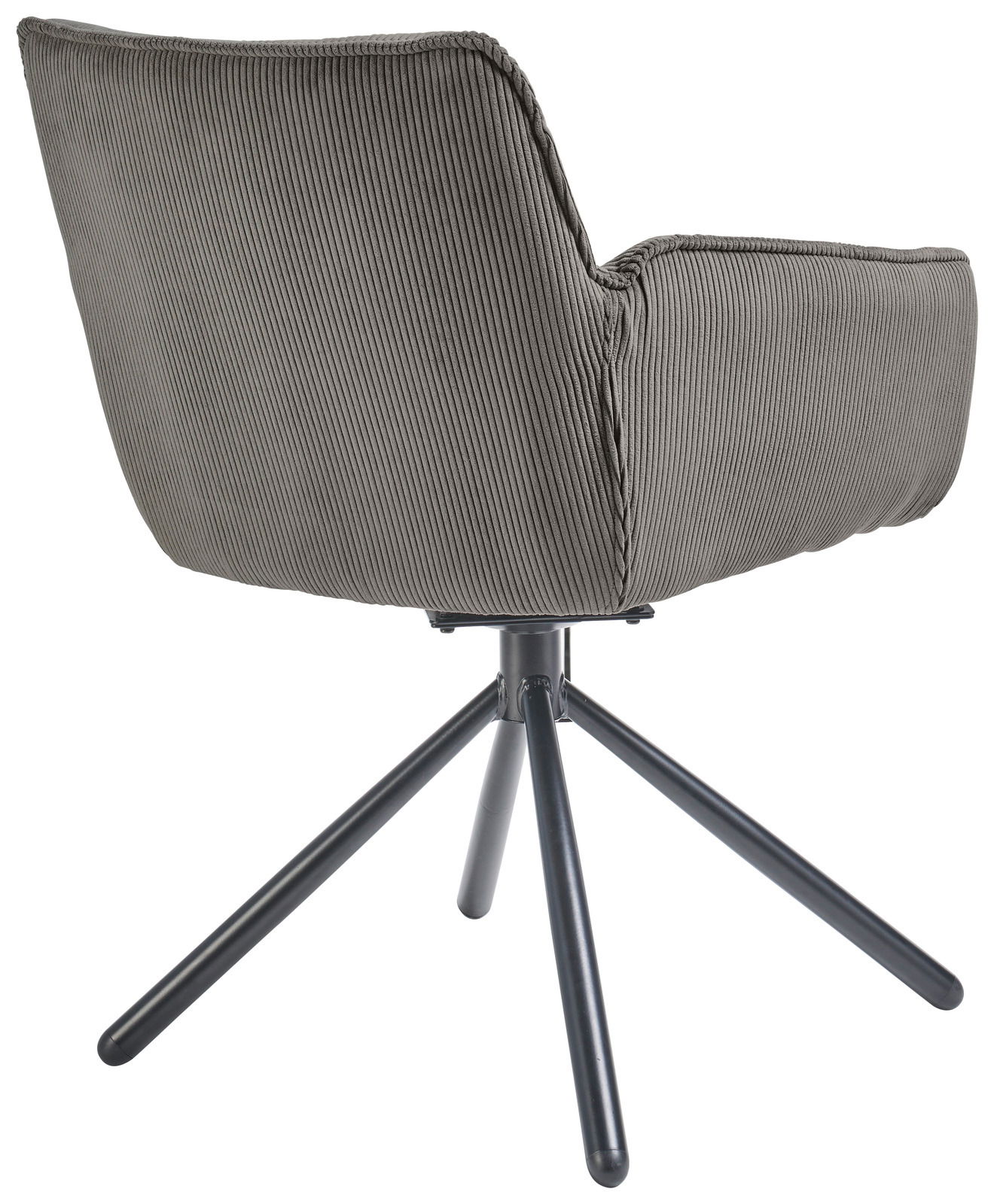 Rückansicht eines Armlehnstuhls mit grauem Stoffbezug und schwarzem Metallgestell.