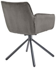 Rückansicht eines Armlehnstuhls mit grauem Stoffbezug und schwarzem Metallgestell.